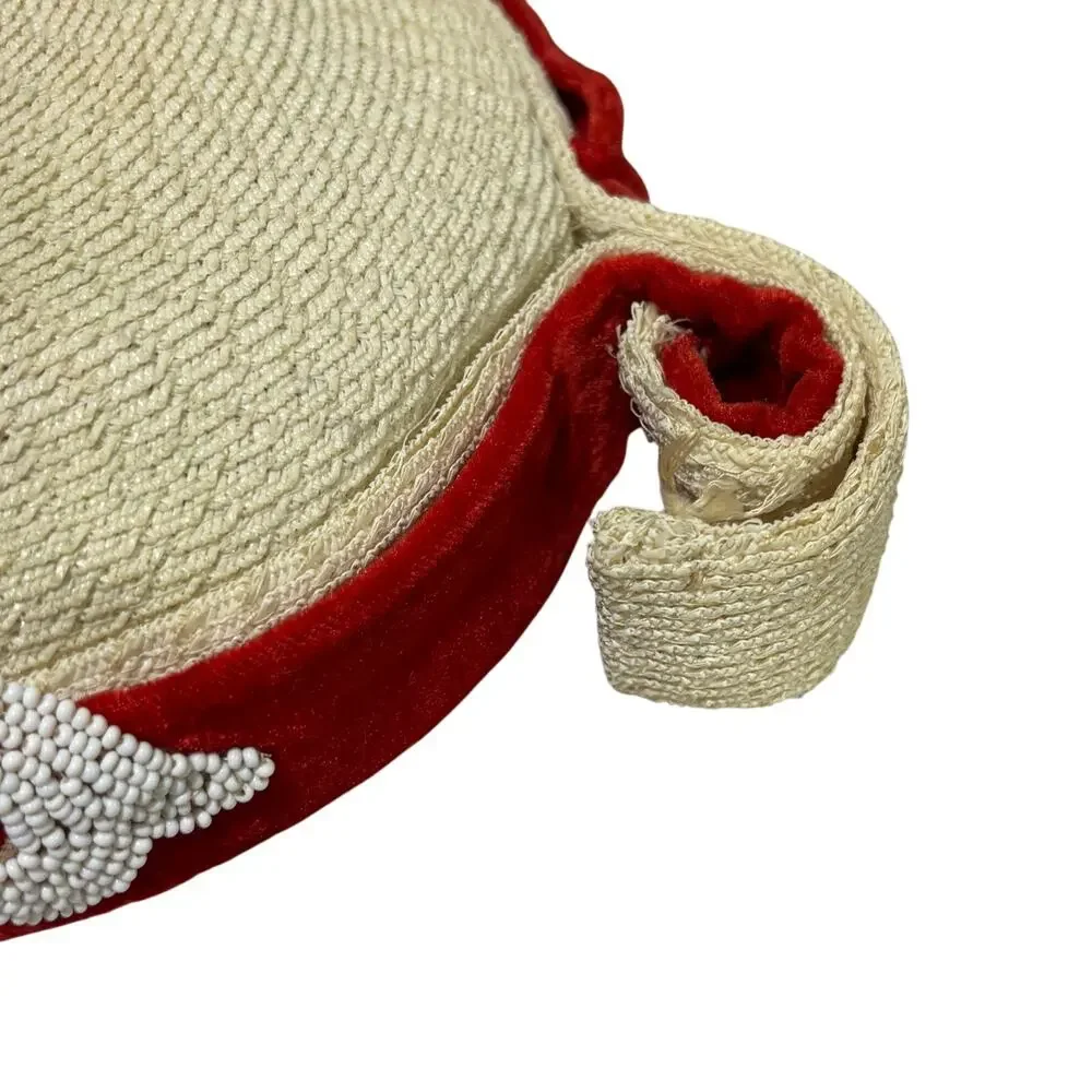 Vintage Mindy by Mary Roth White headband hat red velvet trim white beads FLAW